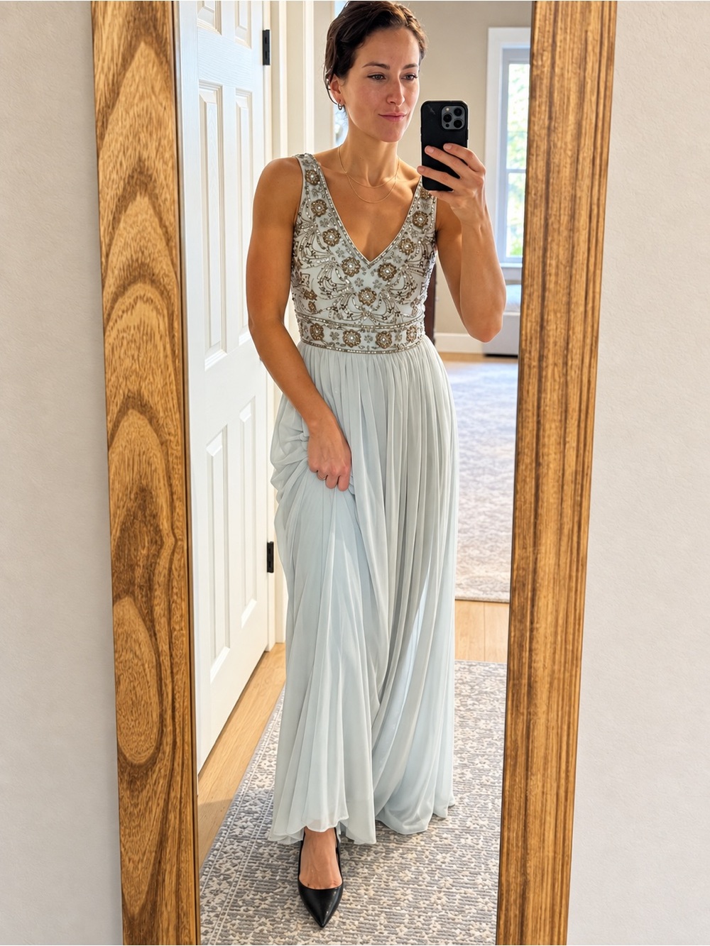 BHLDN by Anthropologie Pale Bluish Gray Beaded V-Neck Pleated Maxi Dress Size 4 - Picture 2 of 15